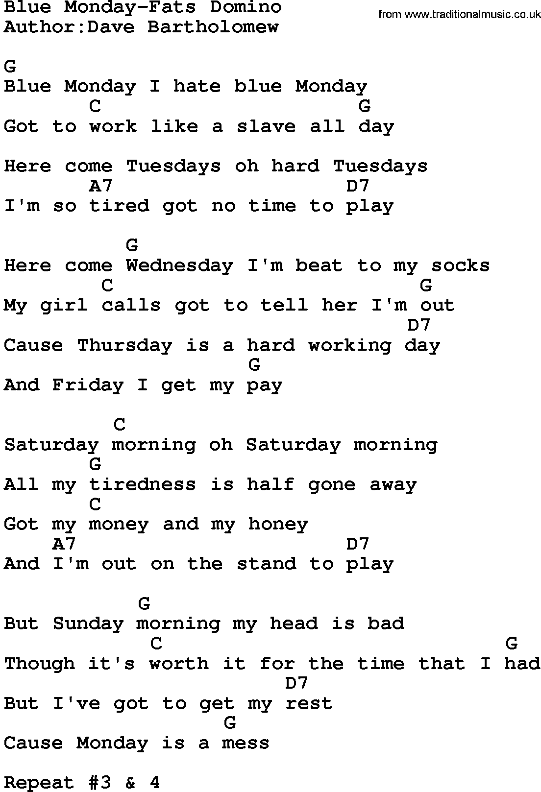 Country music song: Blue Monday-Fats Domino lyrics and chords