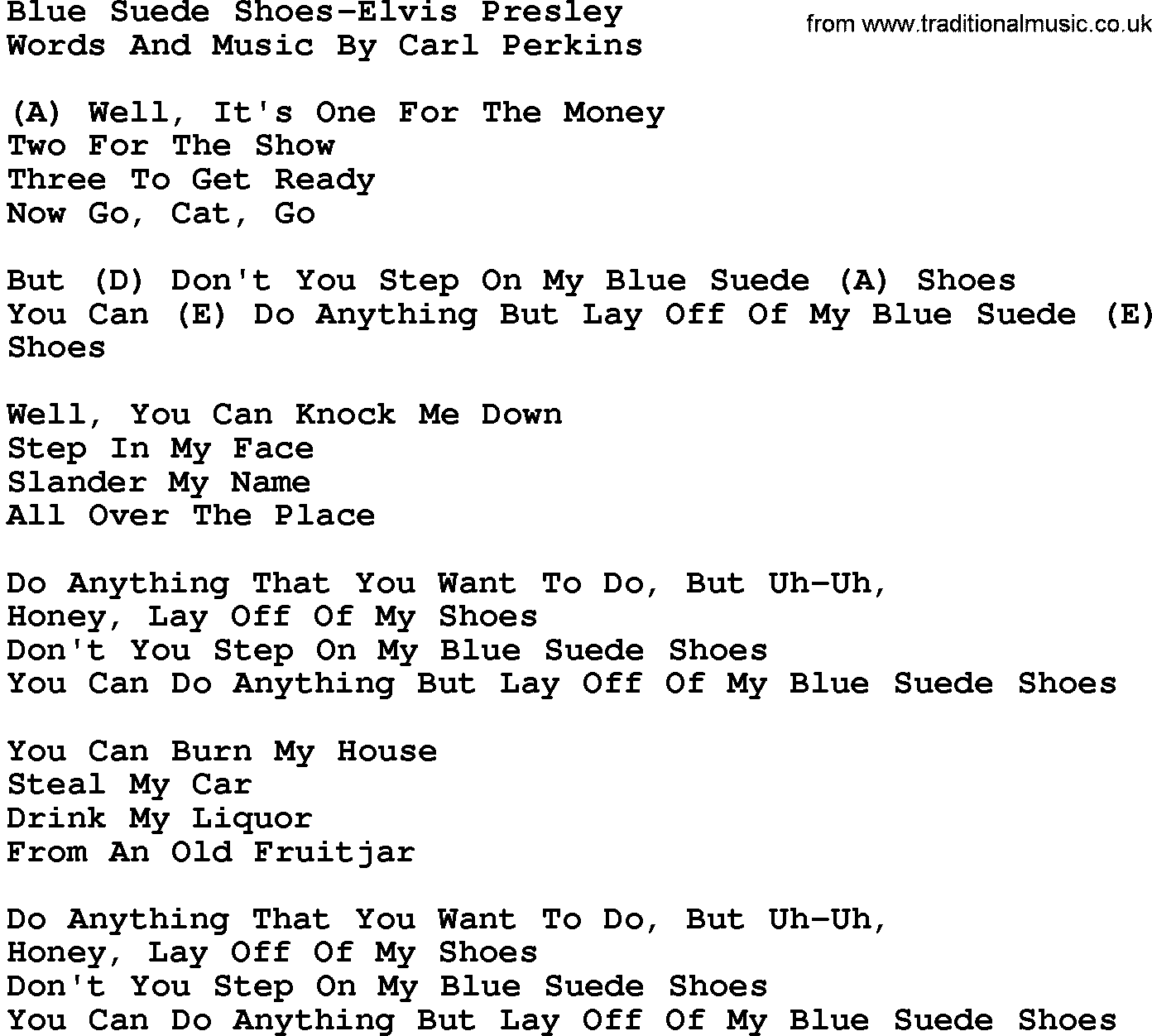 Country music song: Blue Suede Shoes-Elvis Presley lyrics and chords