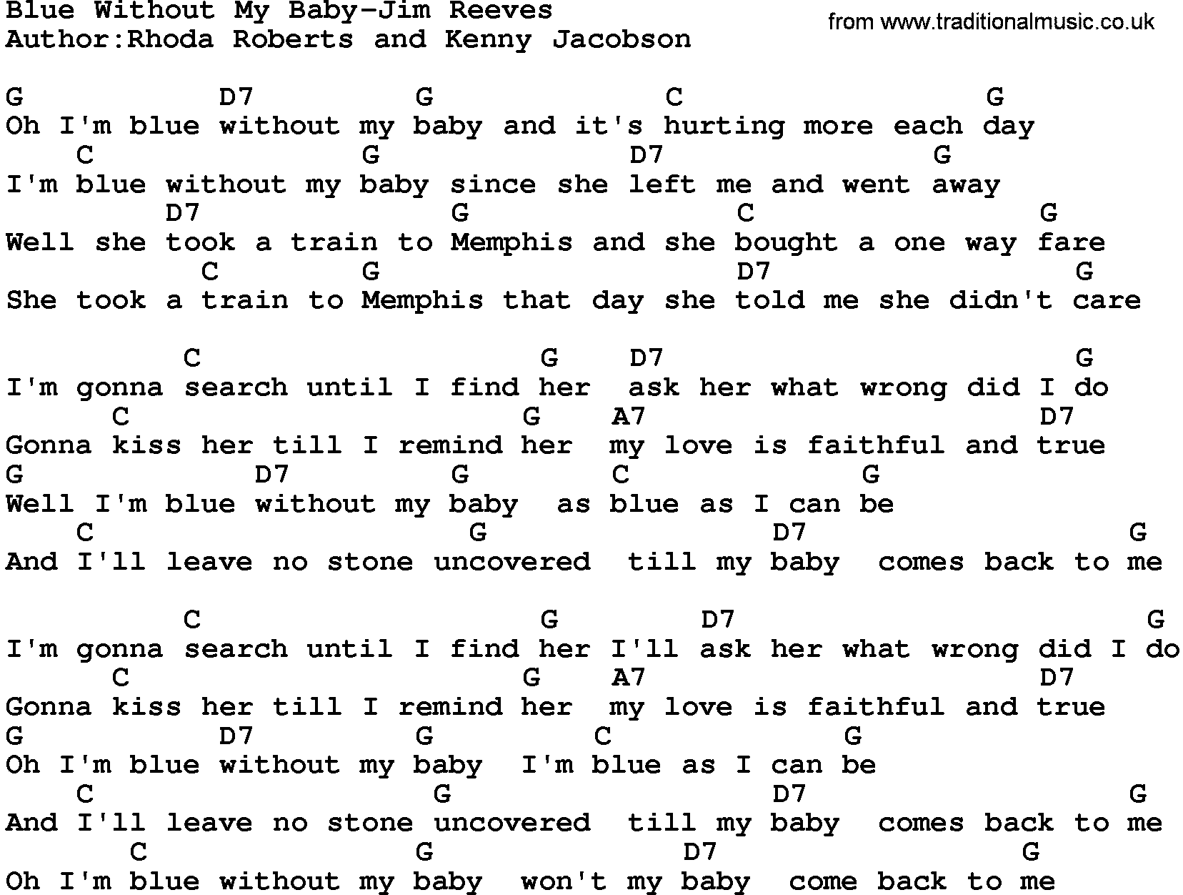 Country music song: Blue Without My Baby-Jim Reeves lyrics and chords