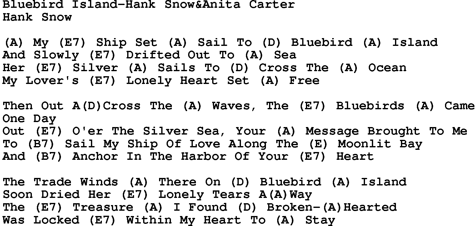 Country music song: Bluebird Island-Hank Snow&Anita Carter lyrics and chords