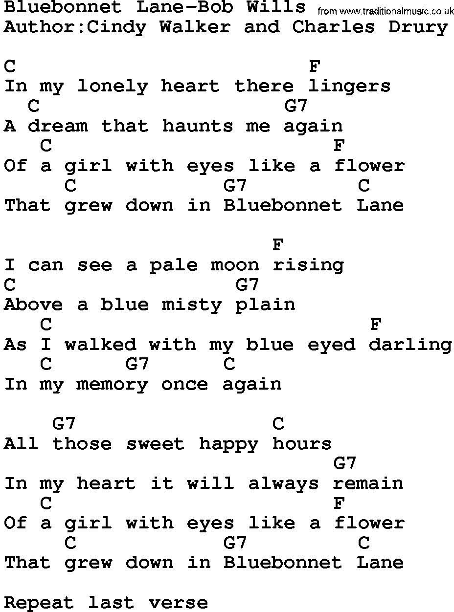 Country music song: Bluebonnet Lane-Bob Wills lyrics and chords