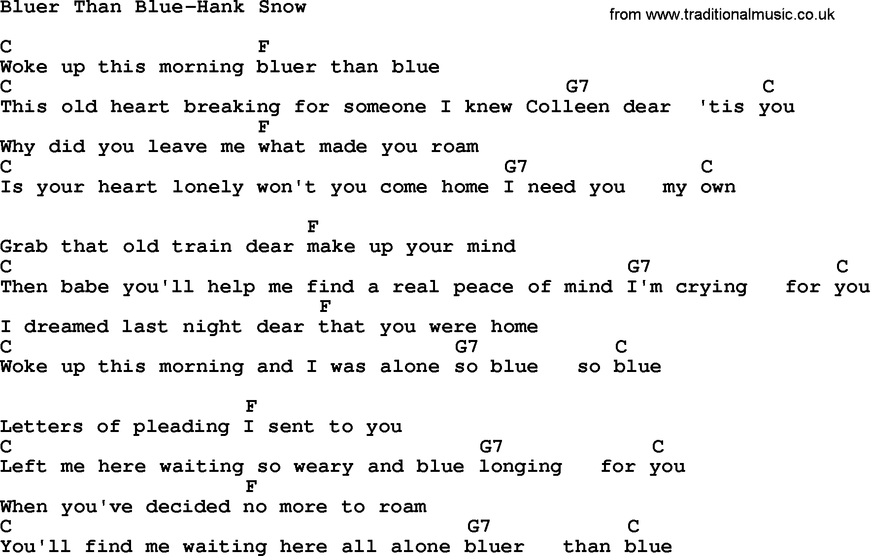 Country music song: Bluer Than Blue-Hank Snow lyrics and chords