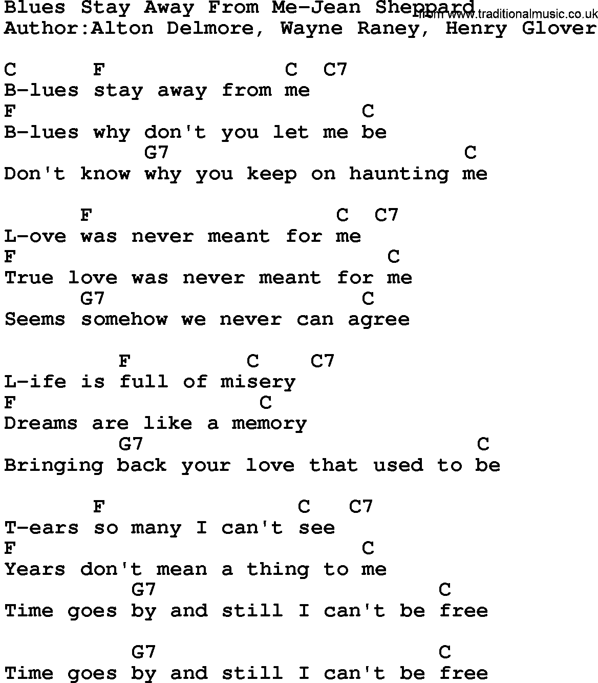 Country music song: Blues Stay Away From Me-Jean Sheppard lyrics and chords