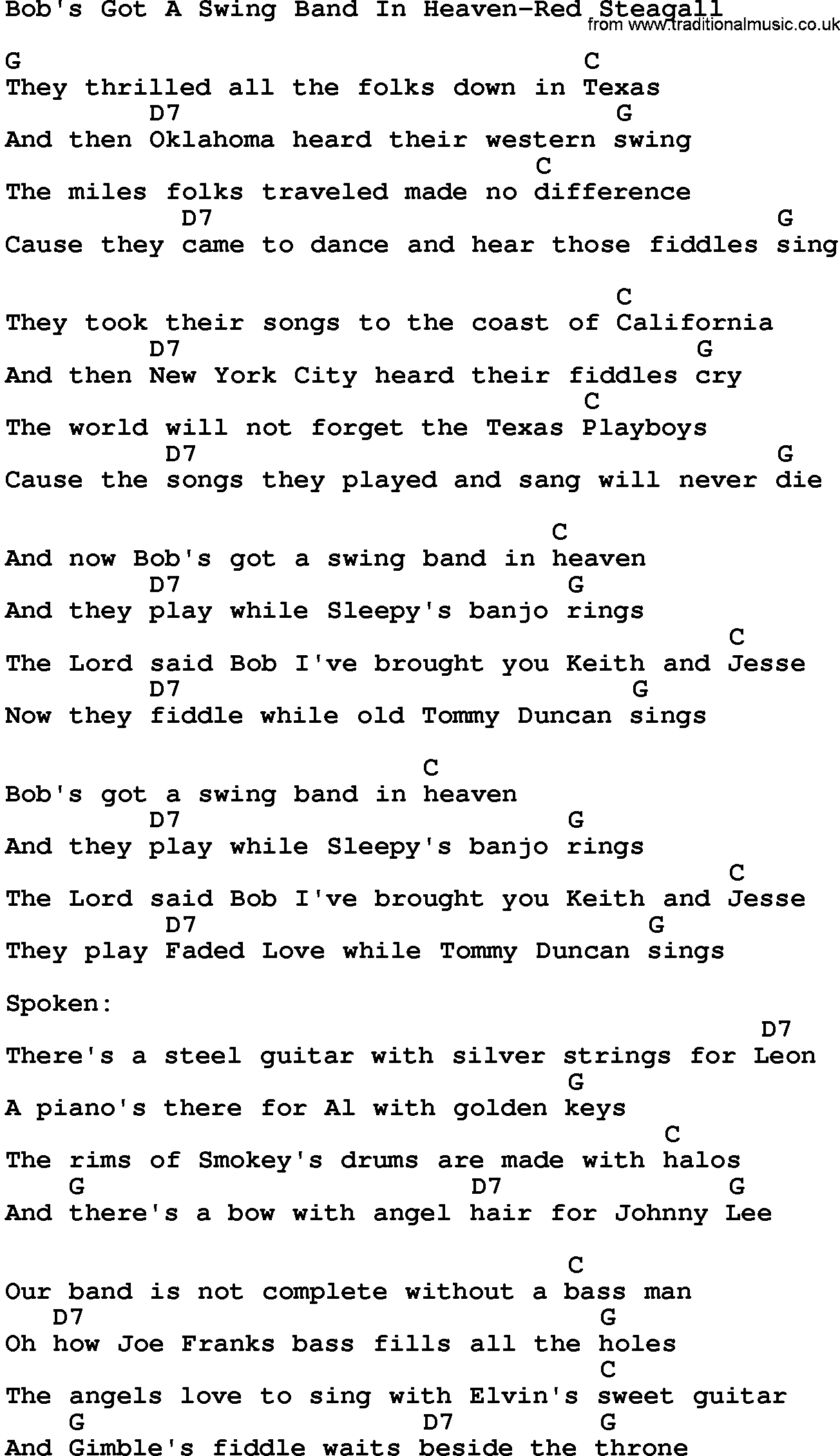 Country music song: Bob's Got A Swing Band In Heaven-Red Steagall lyrics and chords
