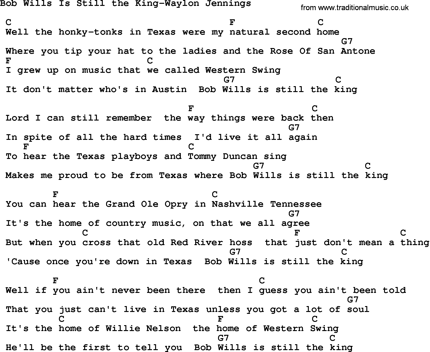 Country music song: Bob Wills Is Still The King-Waylon Jennings lyrics and chords