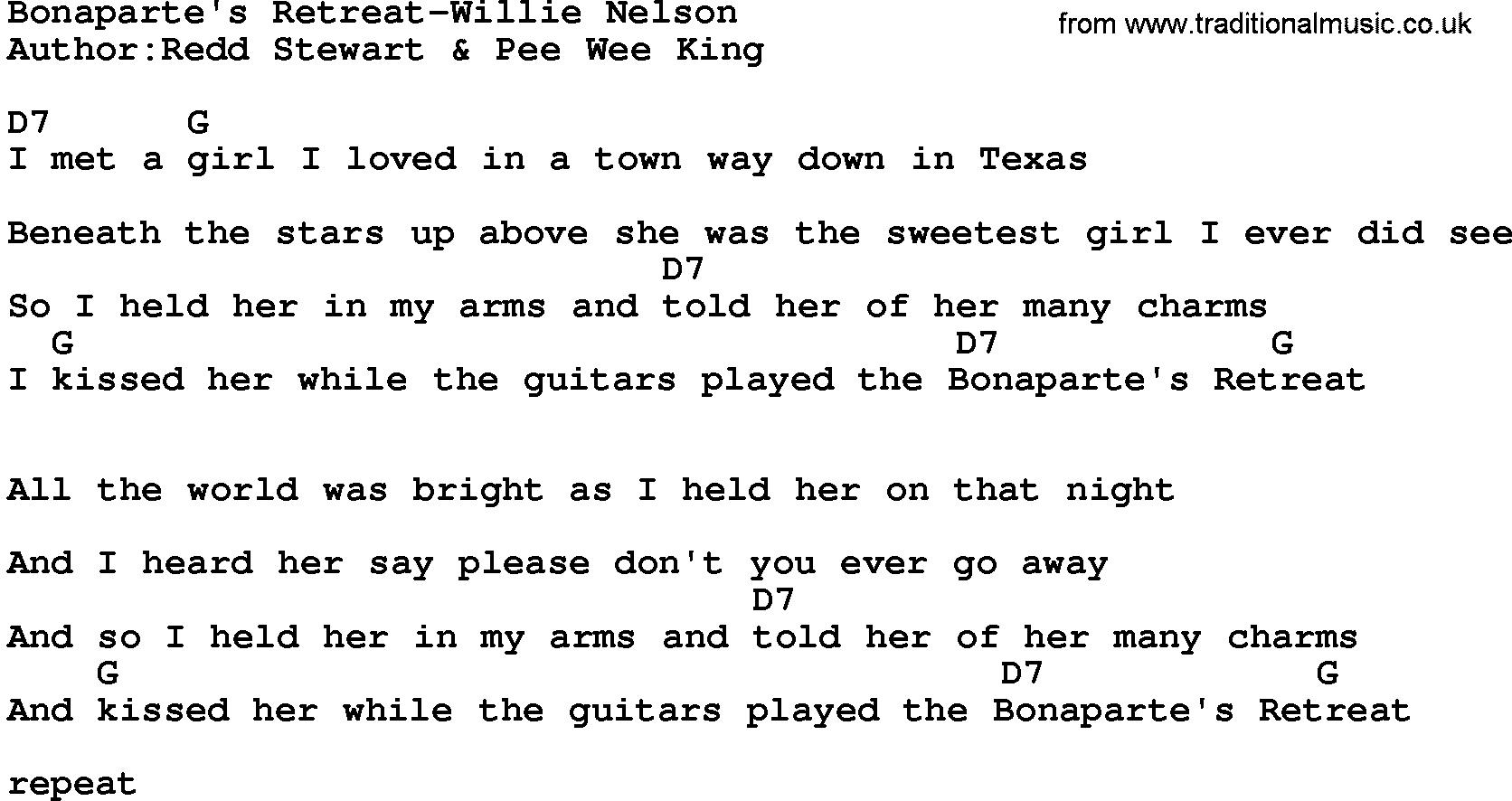 Country music song: Bonaparte's Retreat-Willie Nelson lyrics and chords