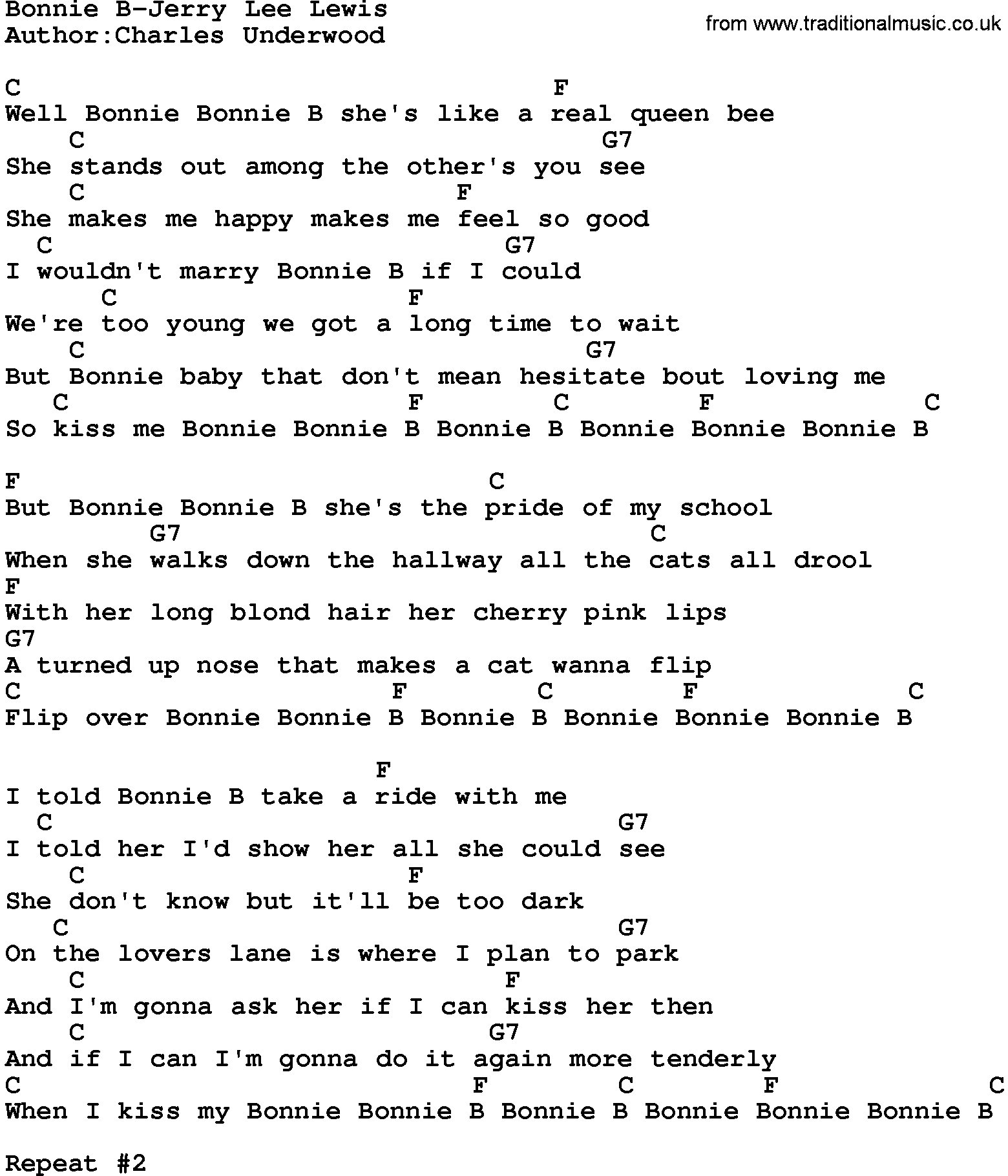 Country music song: Bonnie B-Jerry Lee Lewis lyrics and chords