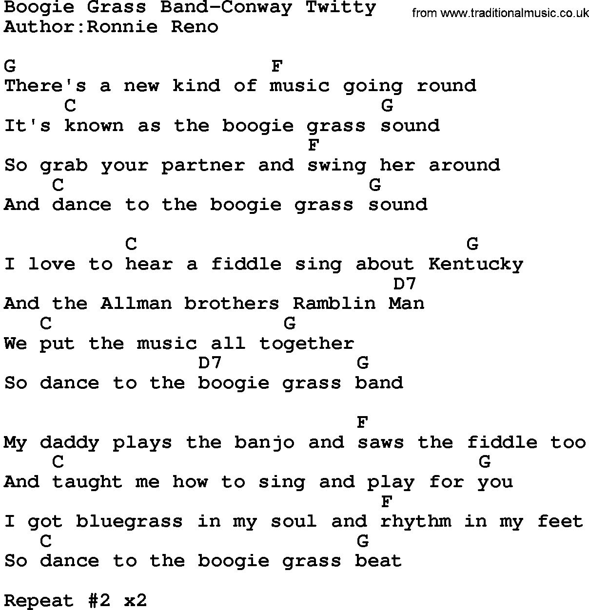Country music song: Boogie Grass Band-Conway Twitty lyrics and chords