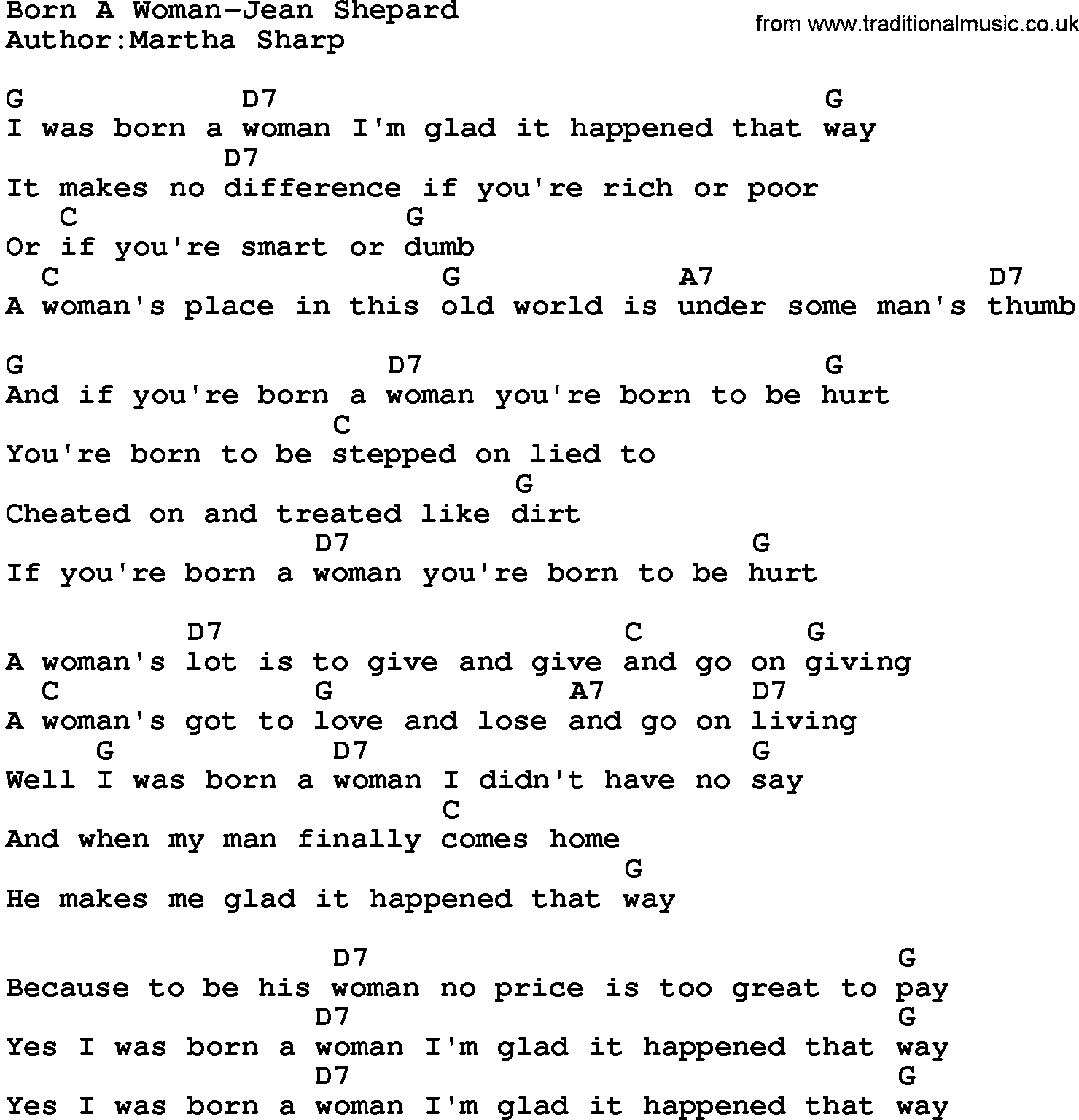 Country music song: Born A Woman-Jean Shepard lyrics and chords