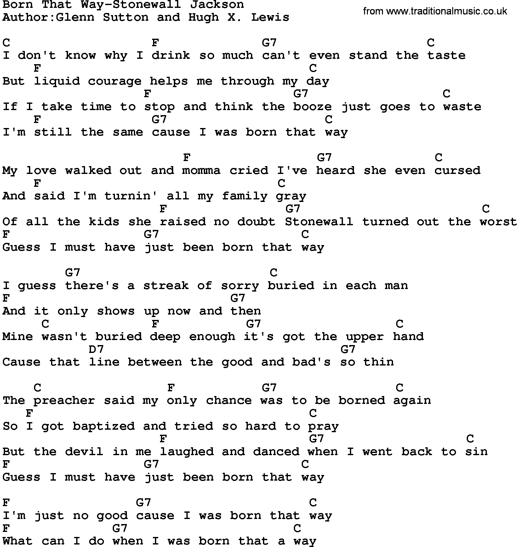Country music song: Born That Way-Stonewall Jackson lyrics and chords