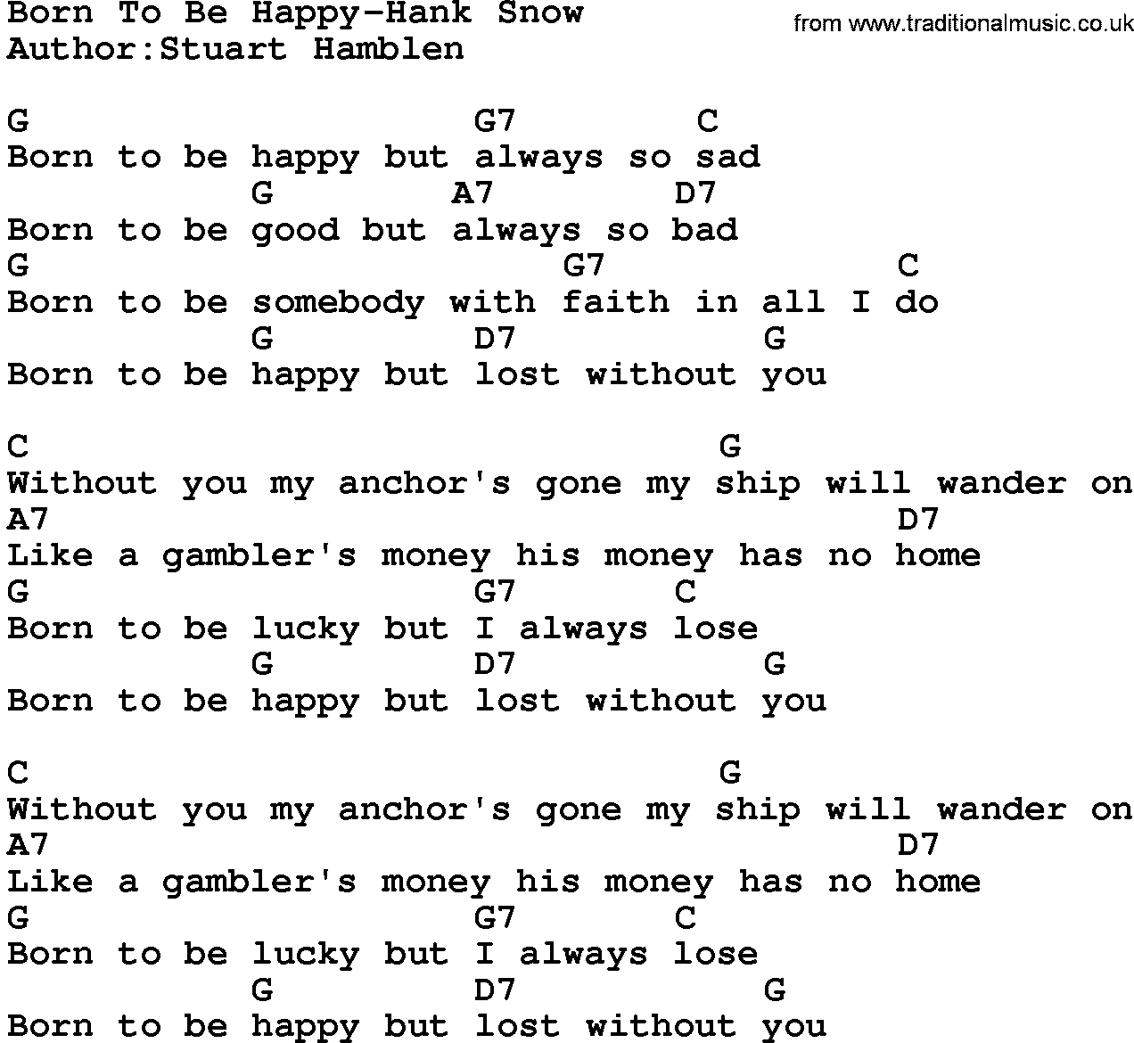 Country music song: Born To Be Happy-Hank Snow lyrics and chords