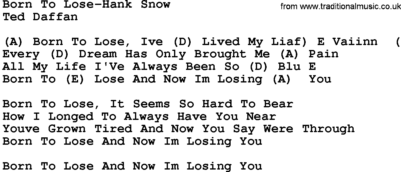 Country music song: Born To Lose-Hank Snow lyrics and chords