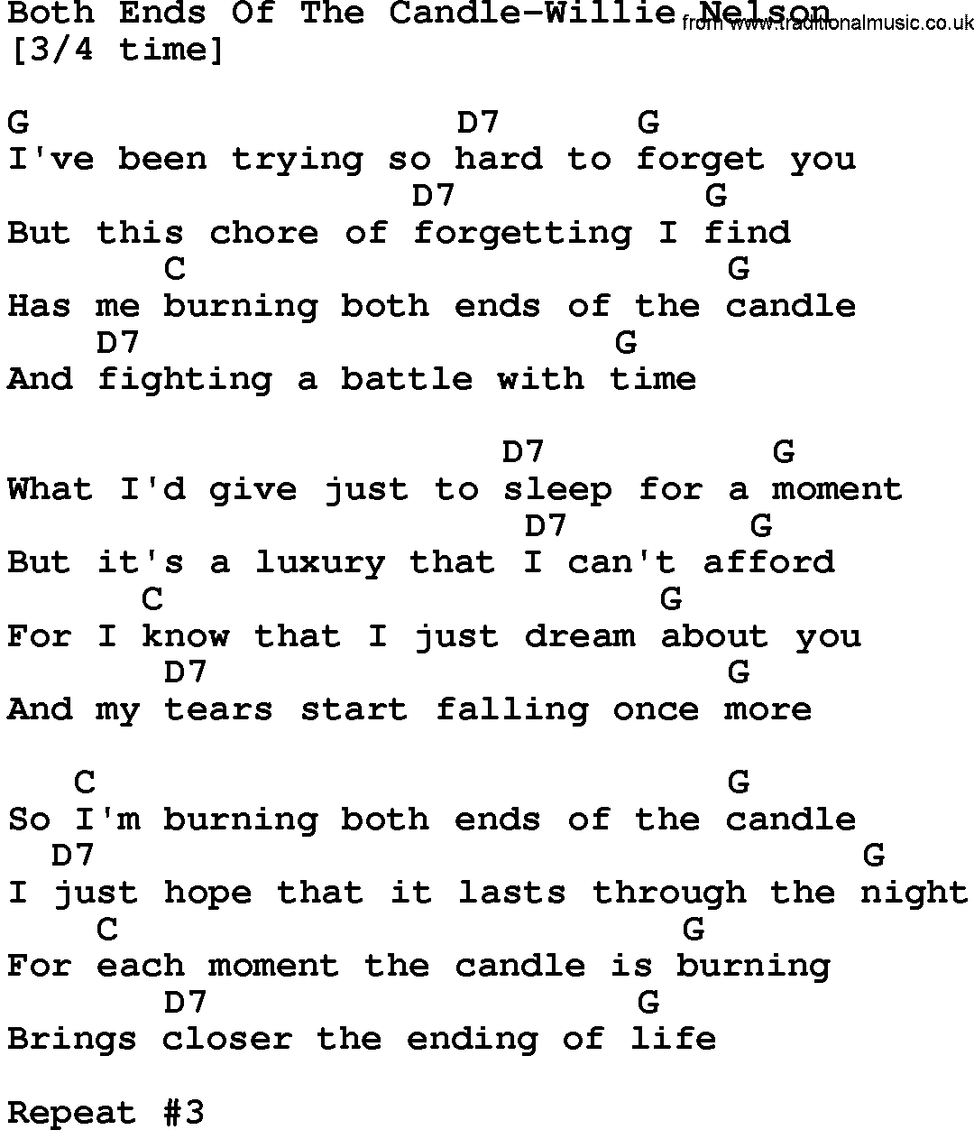 Country music song: Both Ends Of The Candle-Willie Nelson lyrics and chords