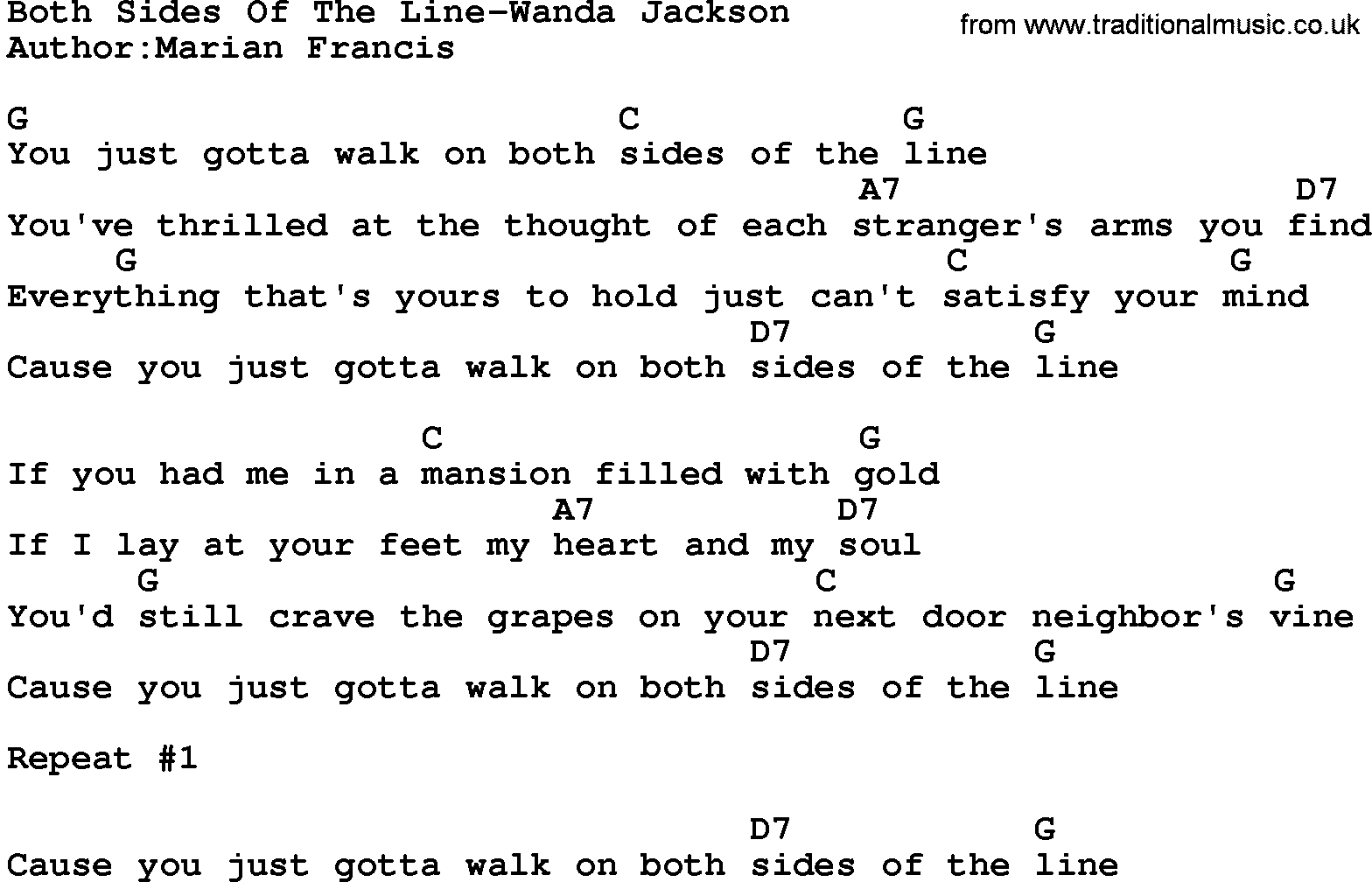 Country music song: Both Sides Of The Line-Wanda Jackson lyrics and chords