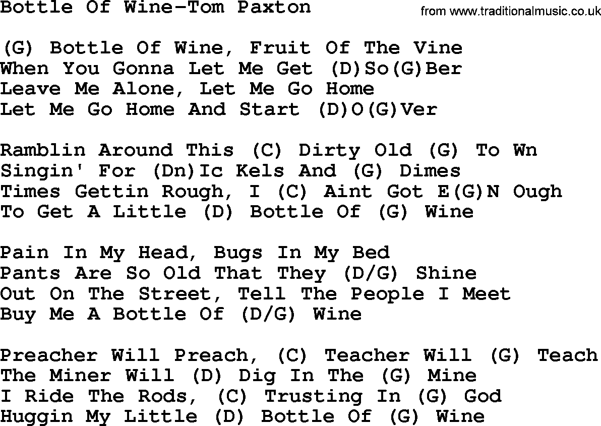 Country music song: Bottle Of Wine-Tom Paxton lyrics and chords