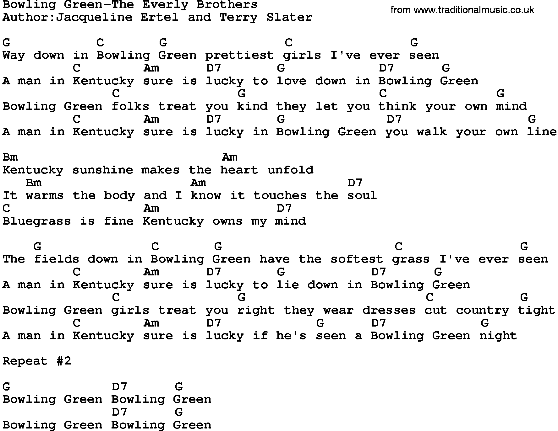 Country music song: Bowling Green-The Everly Brothers lyrics and chords