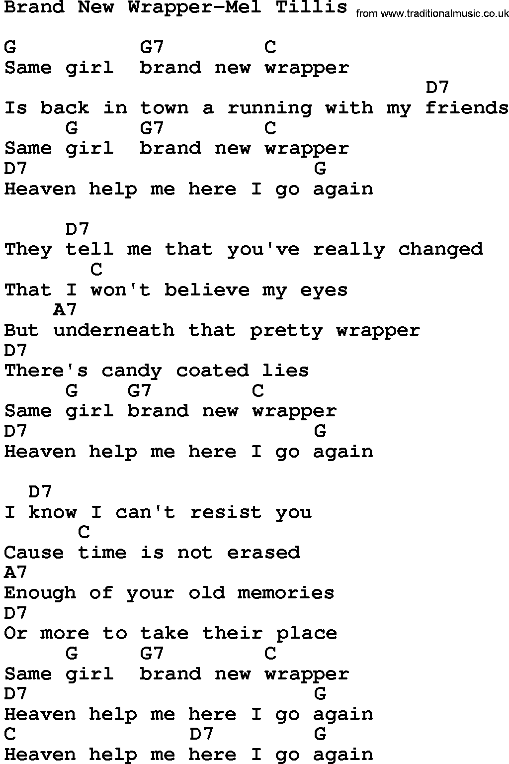 Country music song: Brand New Wrapper-Mel Tillis lyrics and chords