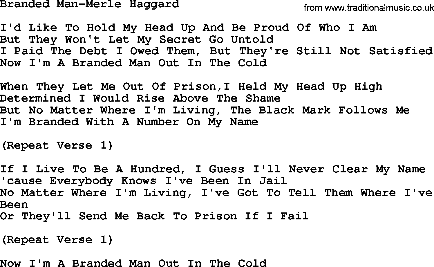 Country music song: Branded Man-Merle Haggard lyrics and chords