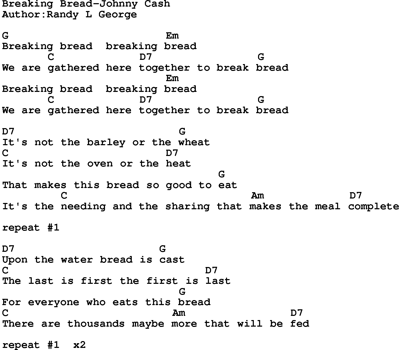 Country music song: Breaking Bread-Johnny Cash lyrics and chords