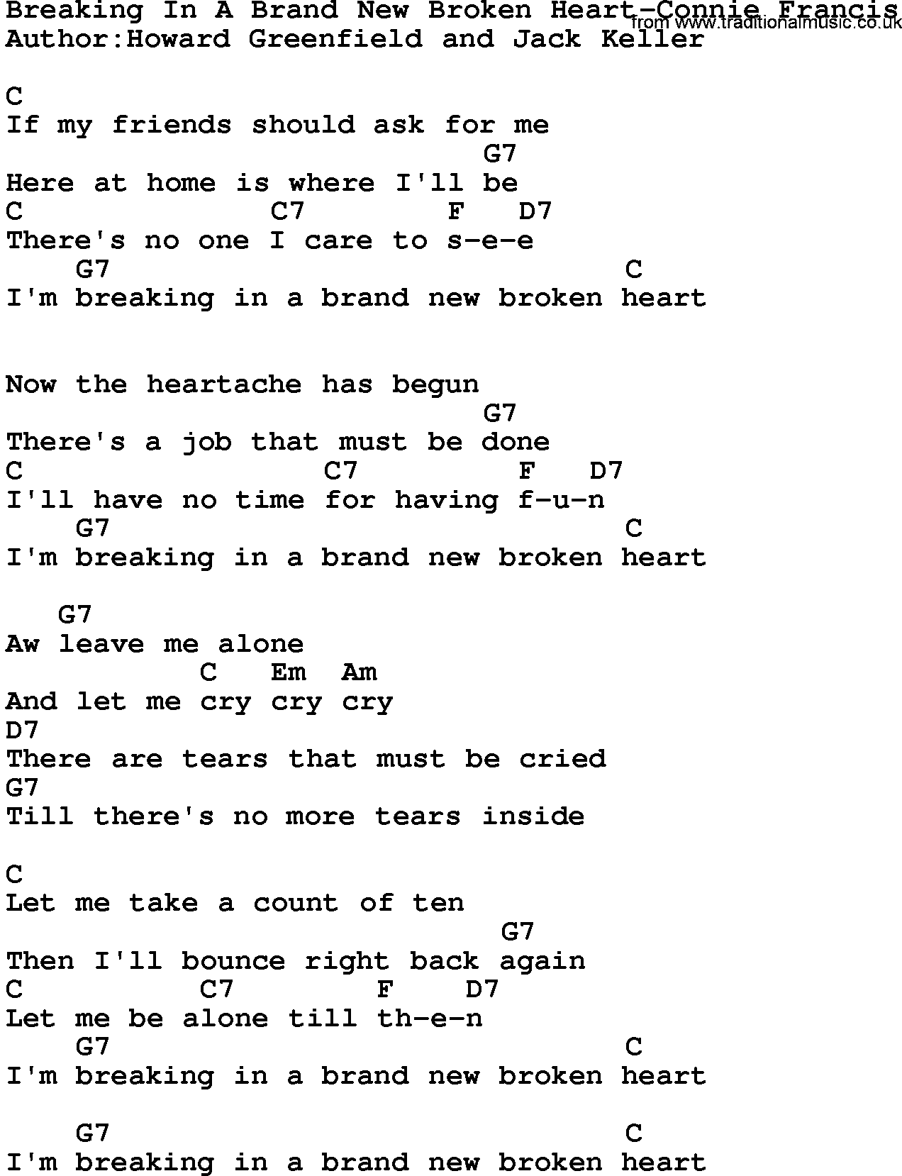 Country music song: Breaking In A Brand New Broken Heart-Connie Francis lyrics and chords