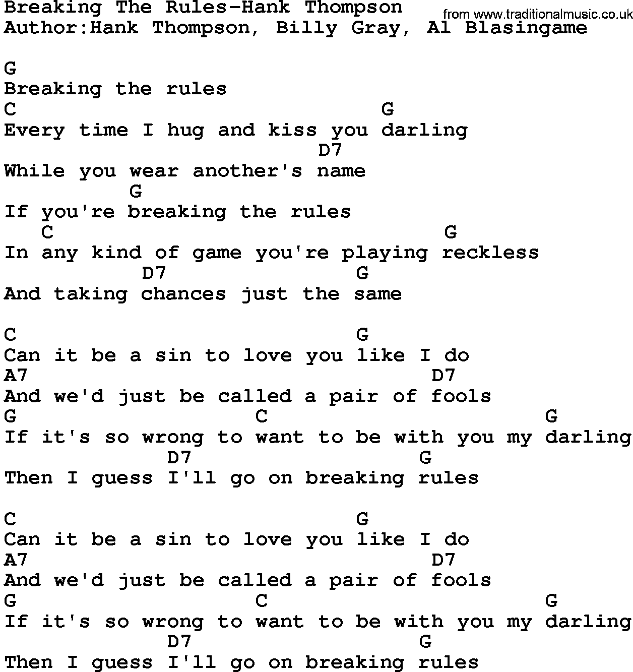 Country music song: Breaking The Rules-Hank Thompson lyrics and chords