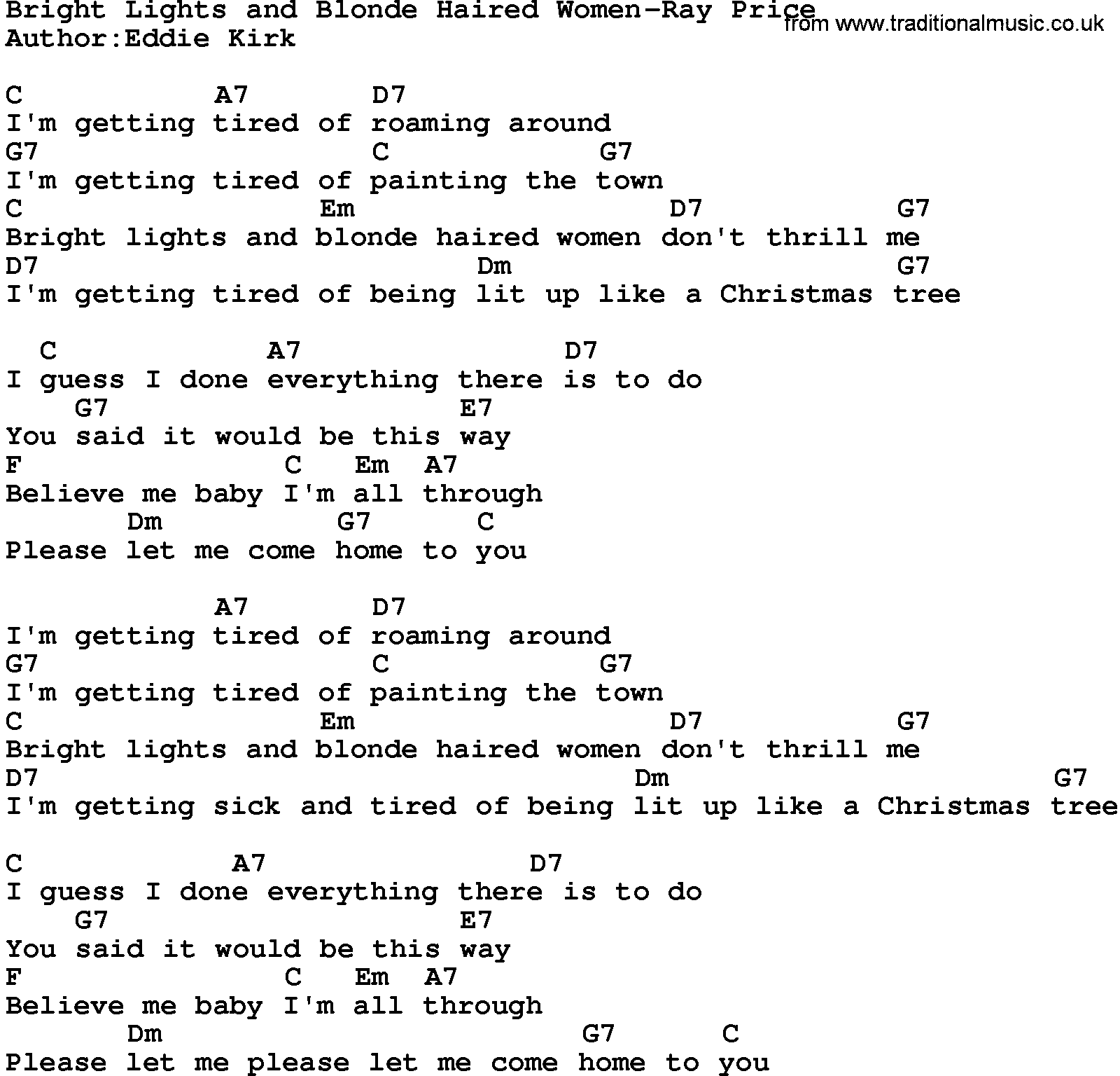 Country music song: Bright Lights And Blonde Haired Women-Ray Price lyrics and chords