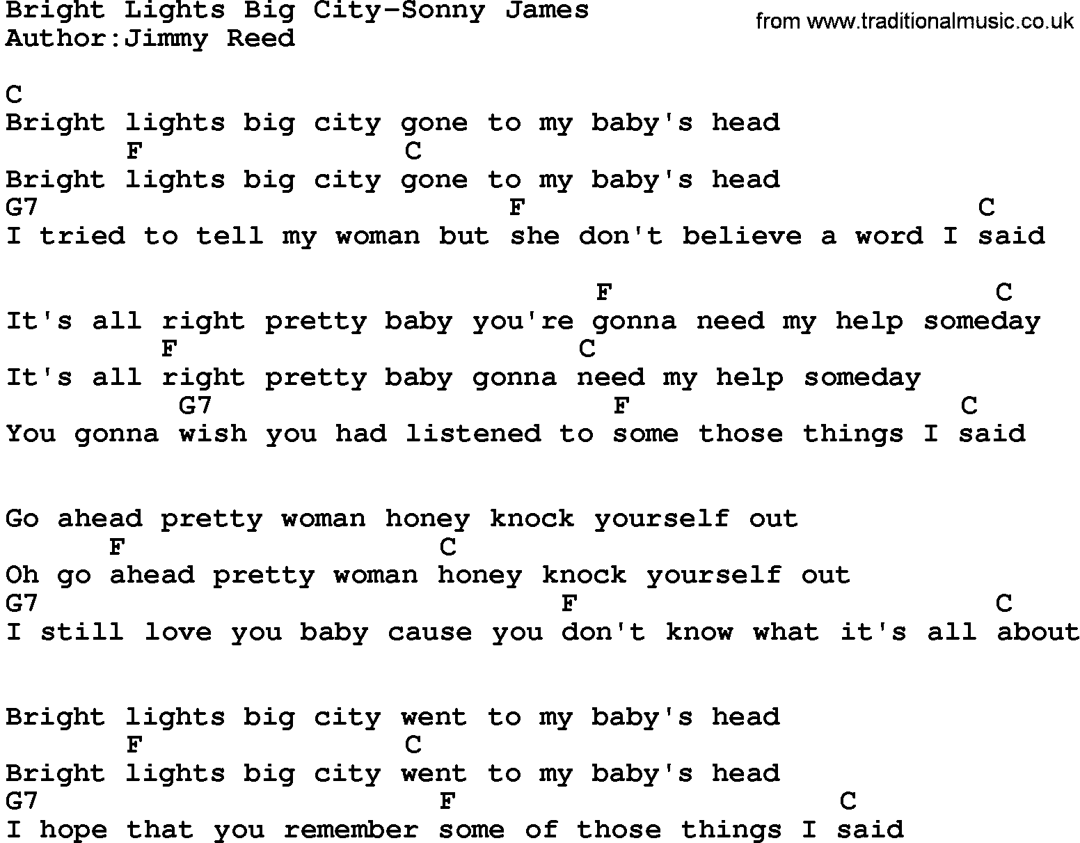 Country music song: Bright Lights Big City-Sonny James lyrics and chords
