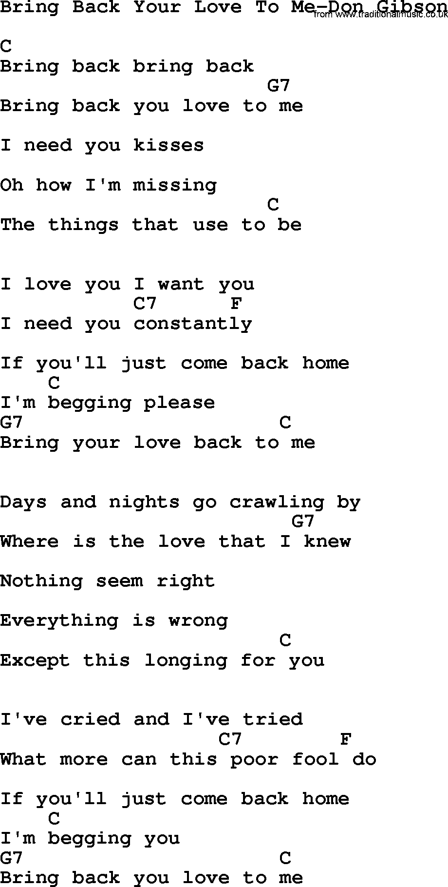 Country music song: Bring Back Your Love To Me-Don Gibson lyrics and chords