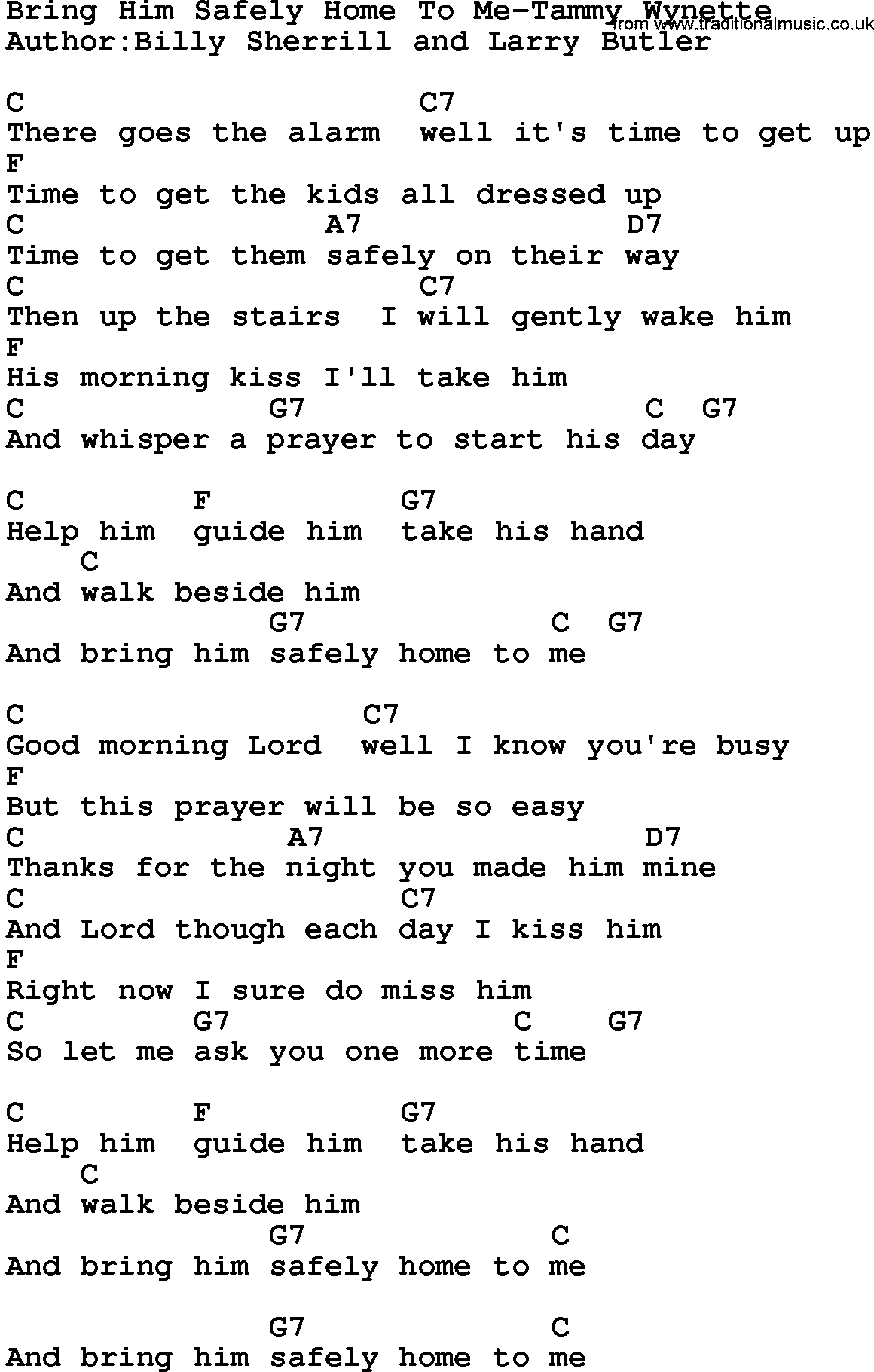 Country music song: Bring Him Safely Home To Me-Tammy Wynette lyrics and chords