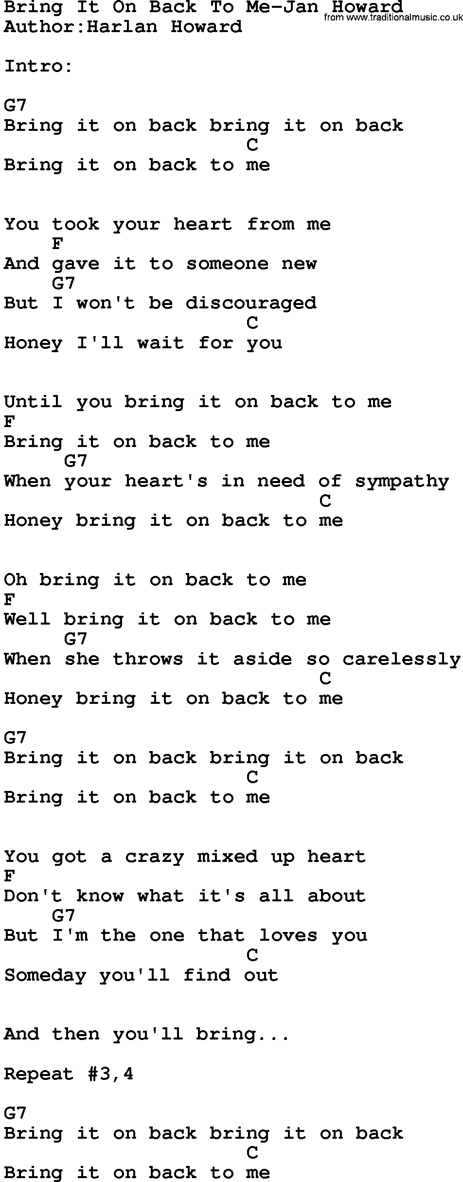 Country music song: Bring It On Back To Me-Jan Howard lyrics and chords