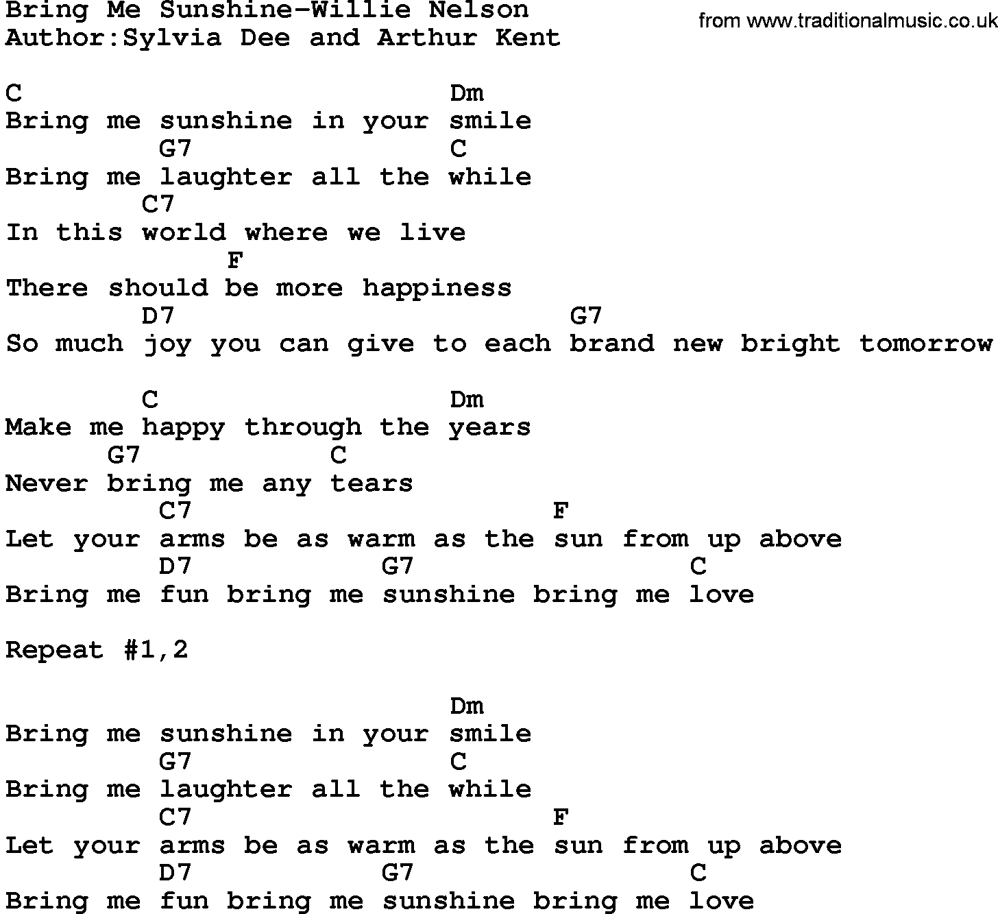 Country music song: Bring Me Sunshine-Willie Nelson lyrics and chords