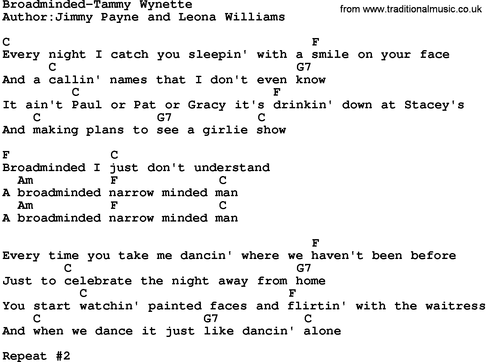 Country music song: Broadminded-Tammy Wynette lyrics and chords