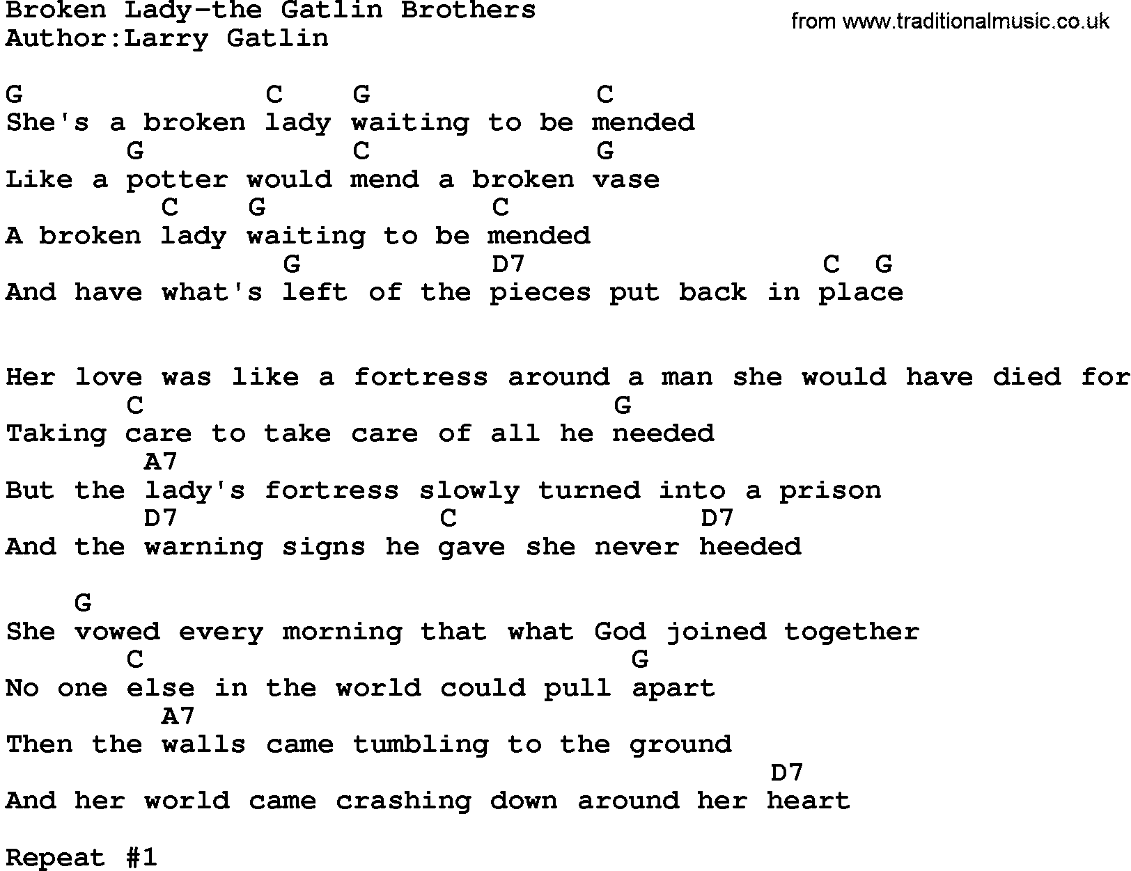 Country music song: Broken Lady-The Gatlin Brothers lyrics and chords