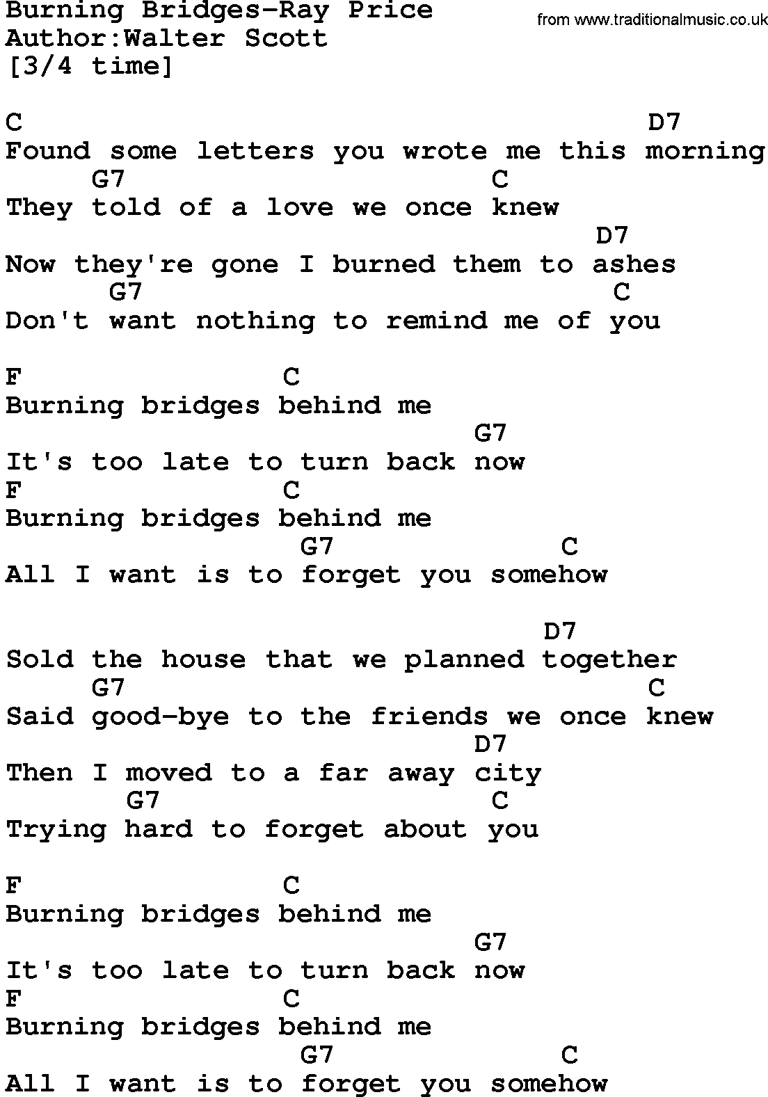 Country music song: Burning Bridges-Ray Price lyrics and chords