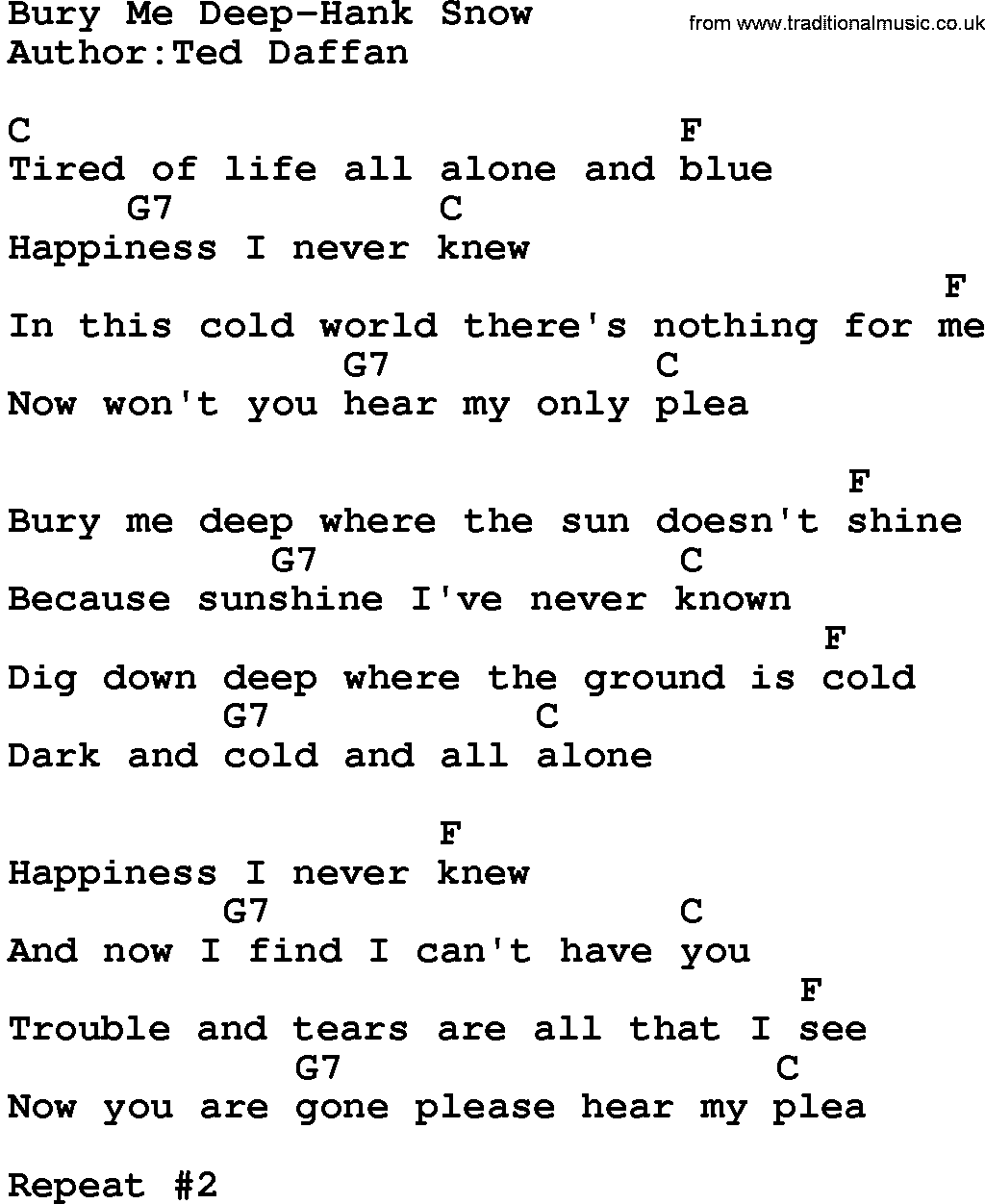 Country music song: Bury Me Deep-Hank Snow lyrics and chords
