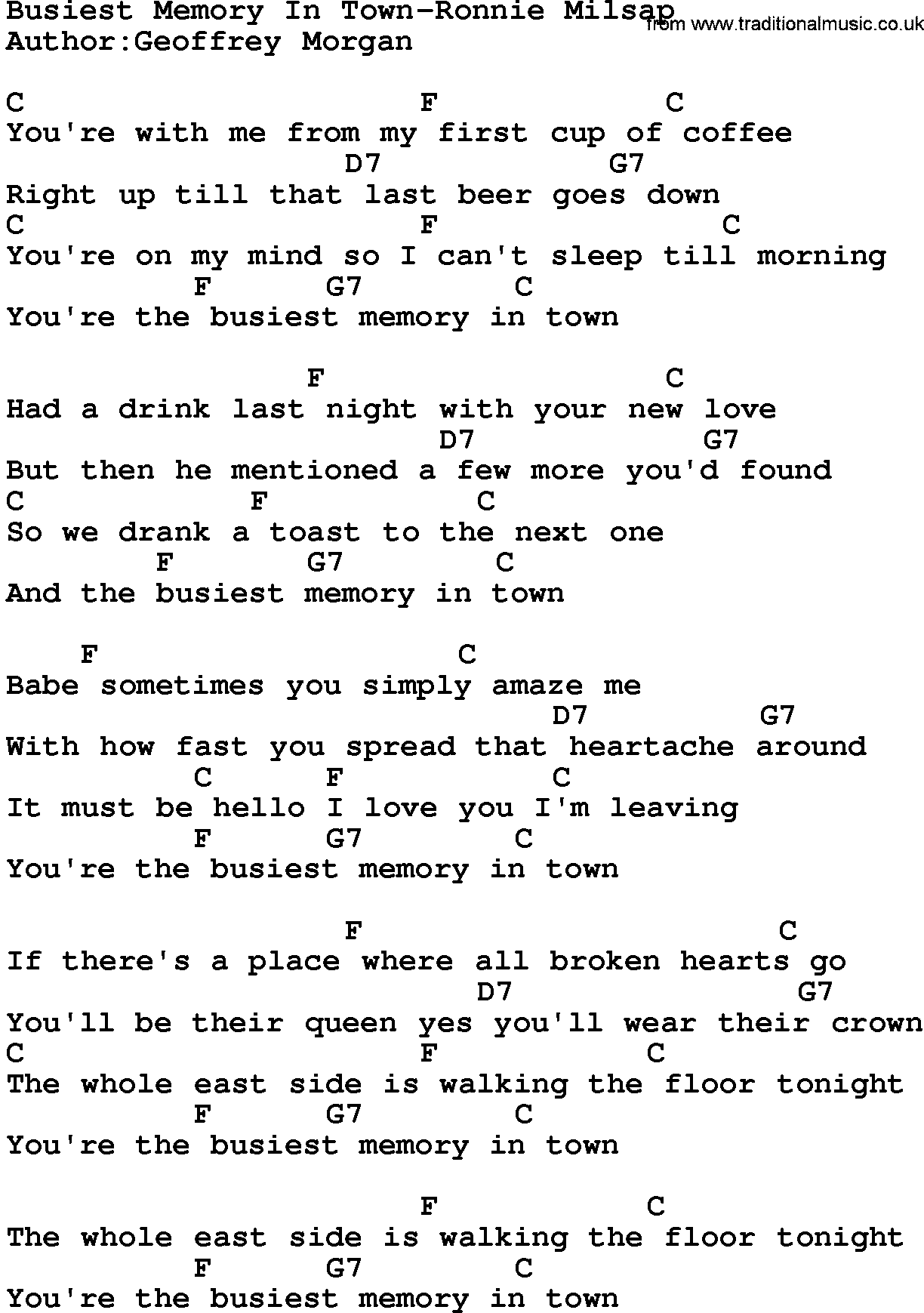 Country music song: Busiest Memory In Town -Ronnie Milsap  lyrics and chords