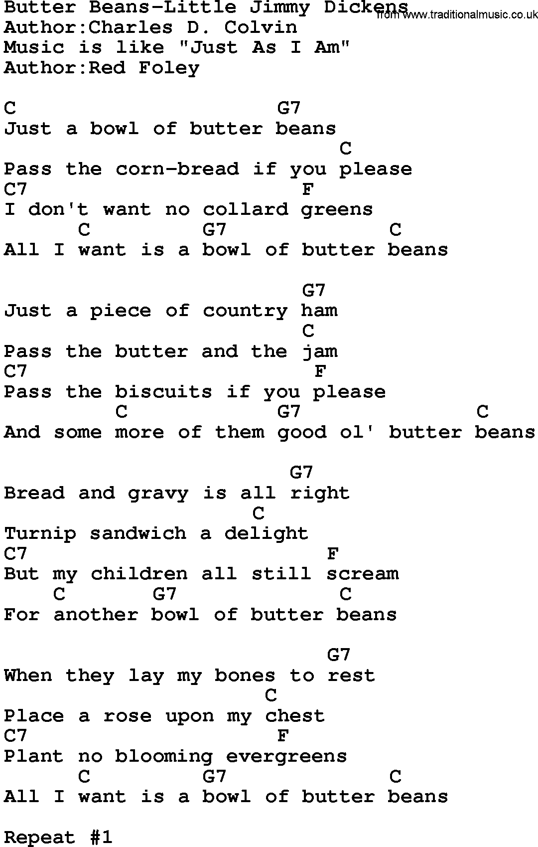 Country music song: Butter Beans-Little Jimmy Dickens lyrics and chords