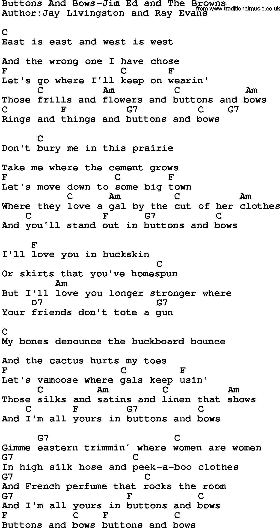 Country music song: Buttons And Bows-Jim Ed And The Browns lyrics and chords