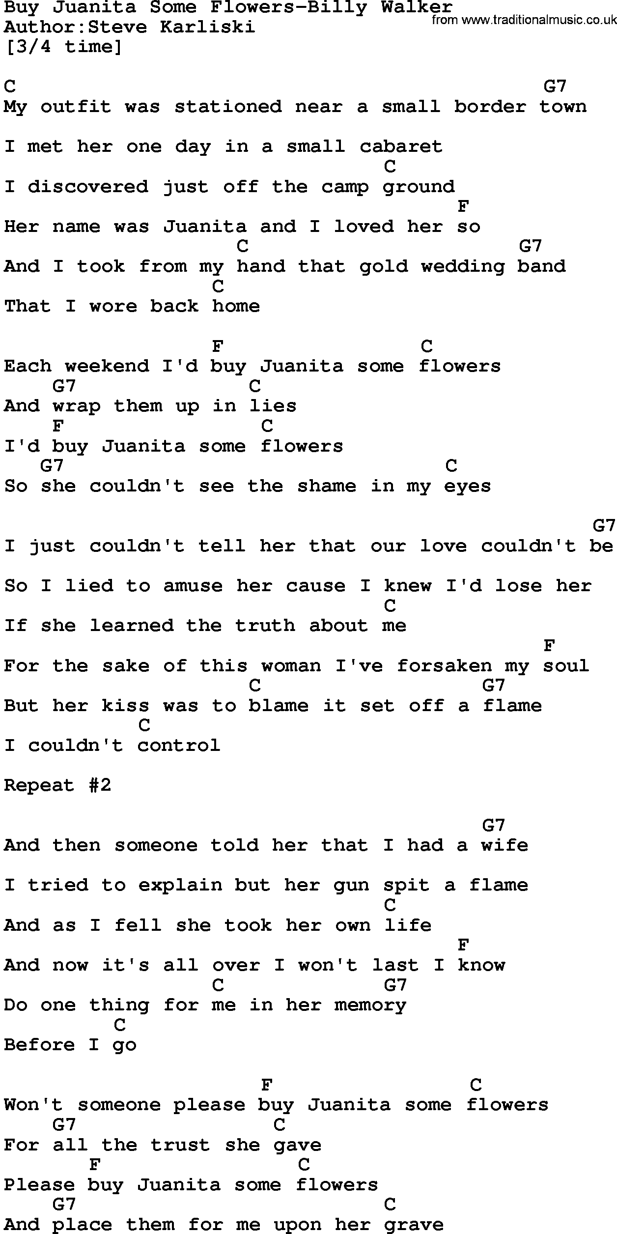 Country music song: Buy Juanita Some Flowers-Billy Walker lyrics and chords