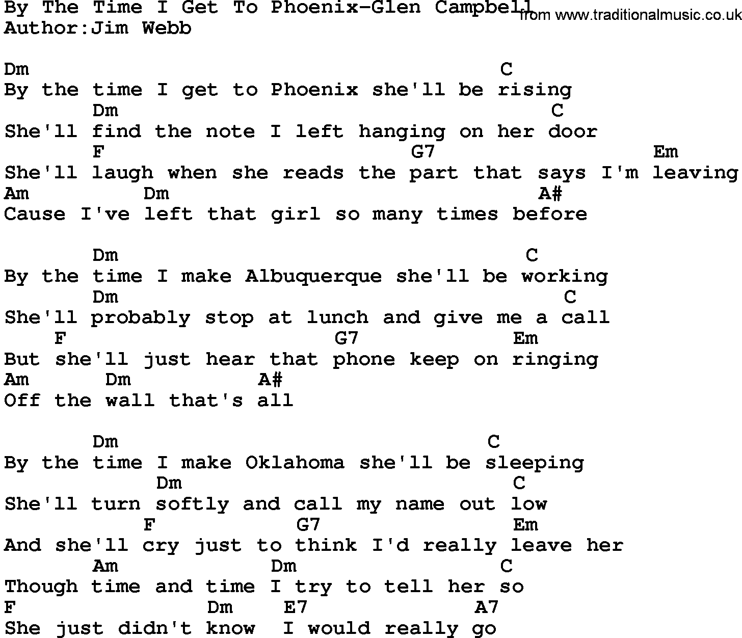 Country music song: By The Time I Get To Phoenix-Glen Campbell lyrics and chords