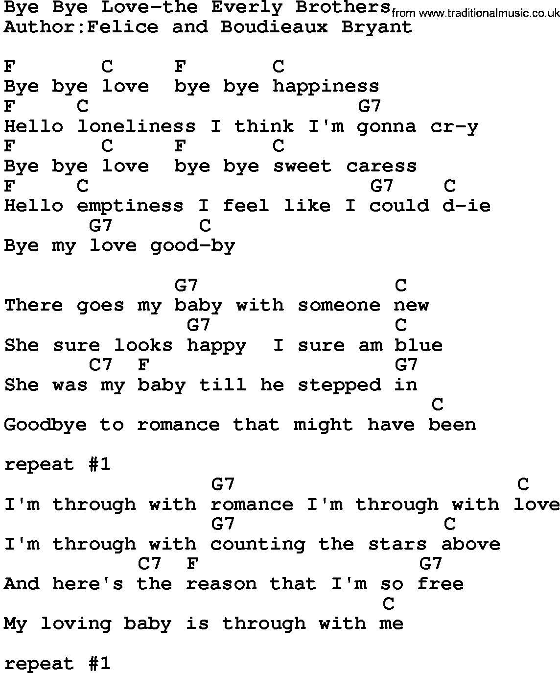 Country music song: Bye Bye Love-The Everly Brothers lyrics and chords