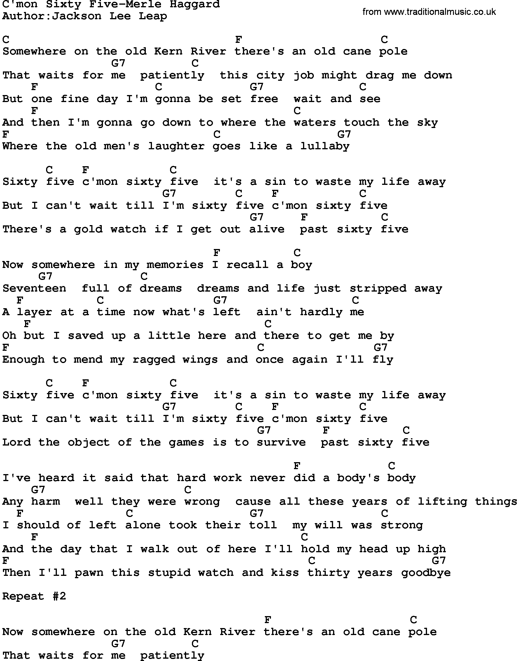 Country music song: C'mon Sixty Five-Merle Haggard lyrics and chords