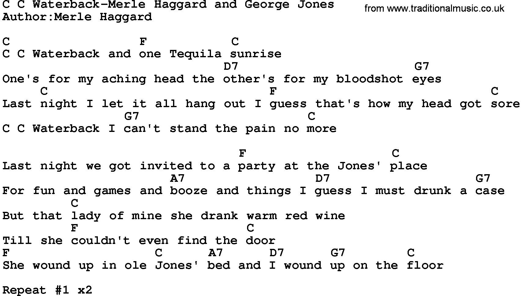 Country music song: C C Waterback-Merle Haggard And George Jones lyrics and chords