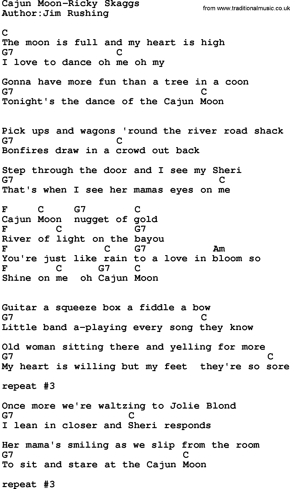 Country music song: Cajun Moon-Ricky Skaggs lyrics and chords