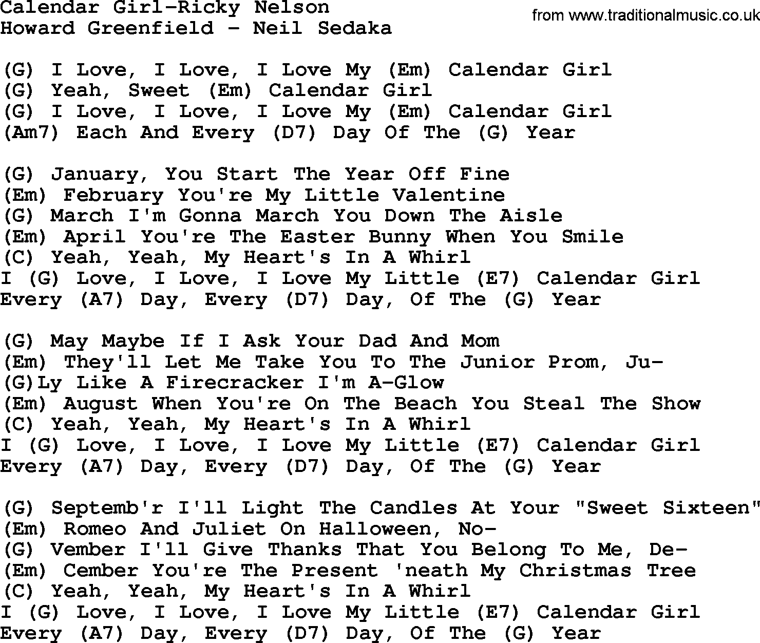 Country music song: Calendar Girl-Ricky Nelson lyrics and chords