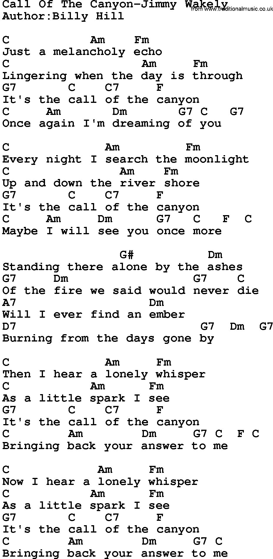 Country music song: Call Of The Canyon-Jimmy Wakely lyrics and chords