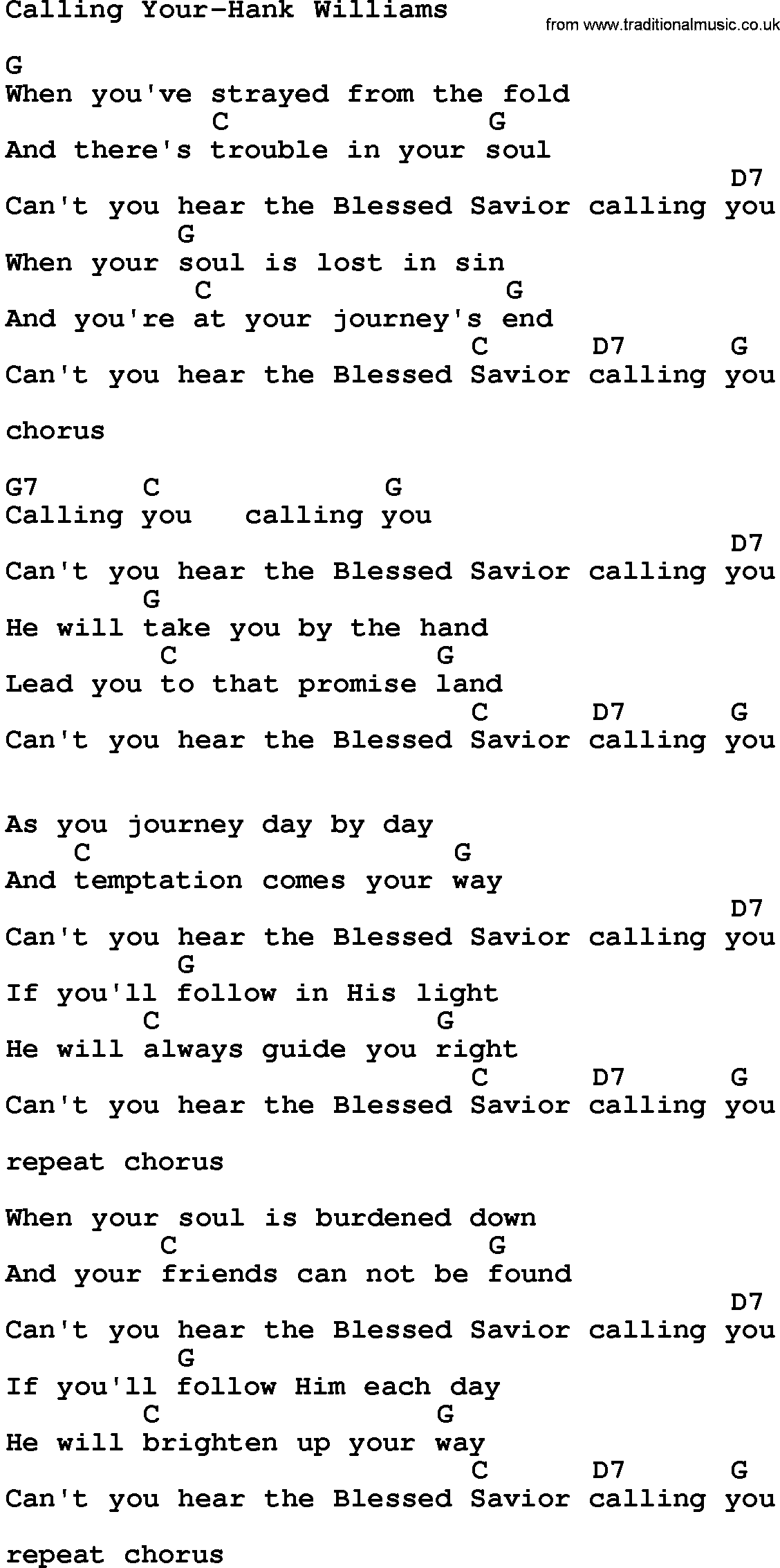 Country music song: Calling Your-Hank Williams lyrics and chords