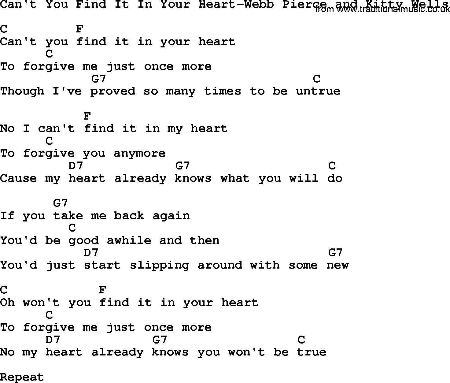 Country music song: Can't You Find It In Your Heart-Webb Pierce And Kitty Wells lyrics and chords