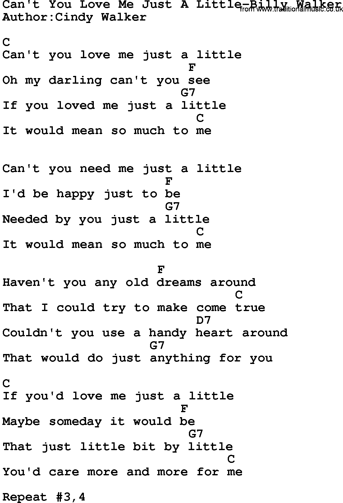Country music song: Can't You Love Me Just A Little-Billy Walker lyrics and chords