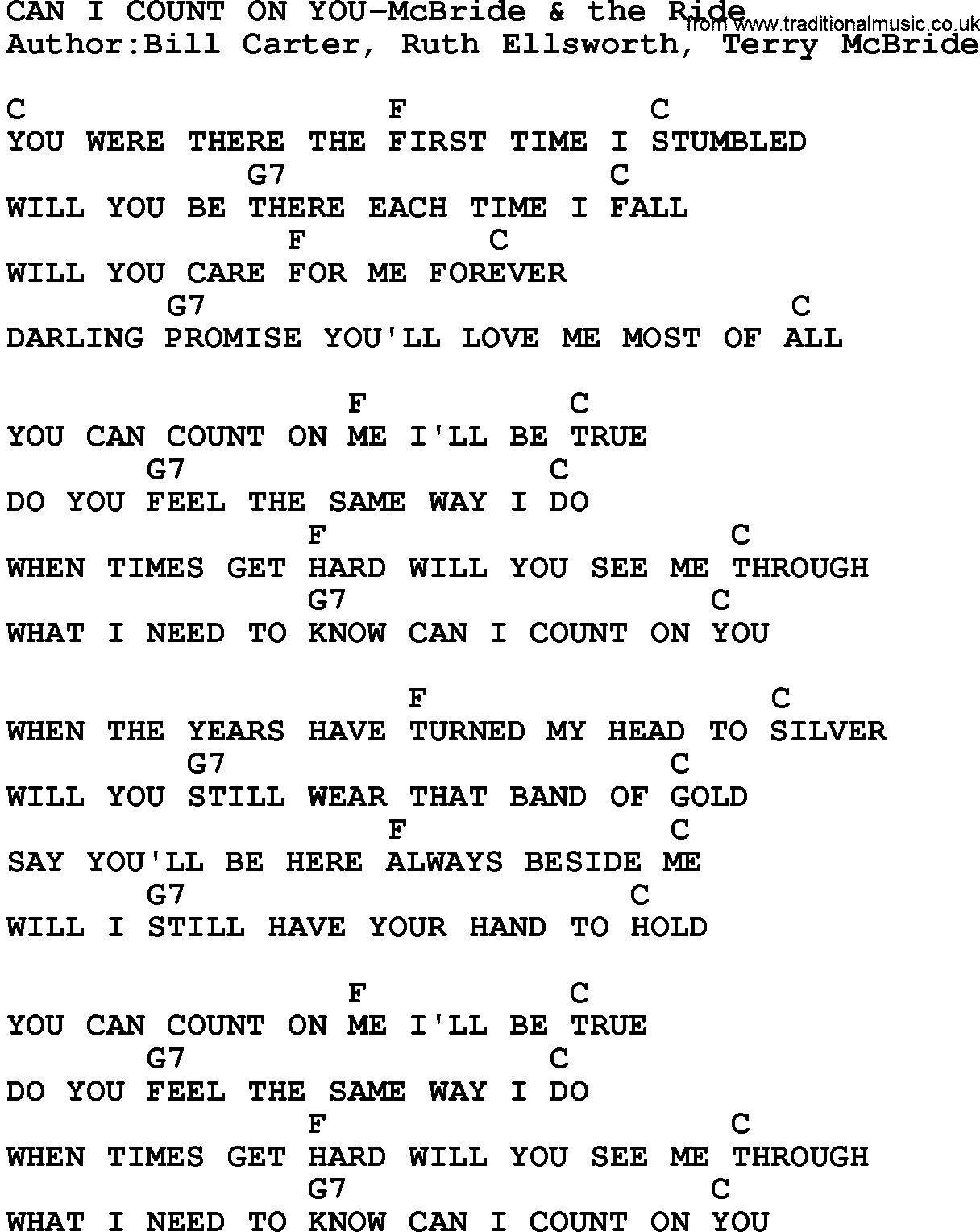 Country music song: Can I Count On You-Mcbride & The Ride lyrics and chords